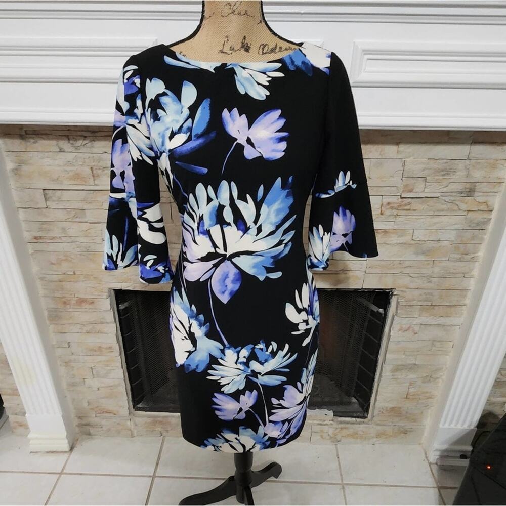 Vince Camuto black and blue bell sleeve bodycon dress size 4